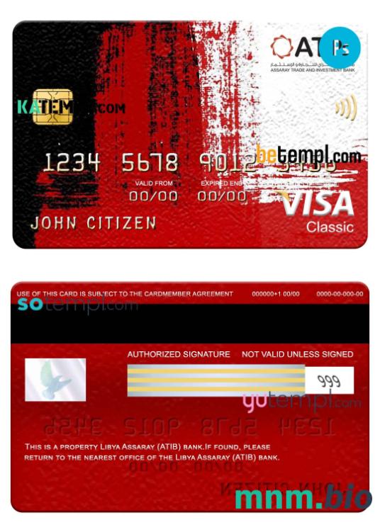 Libya Assaray bank (ATIB) visa klasyczny karta, w pełni edytowalne template in PSD format